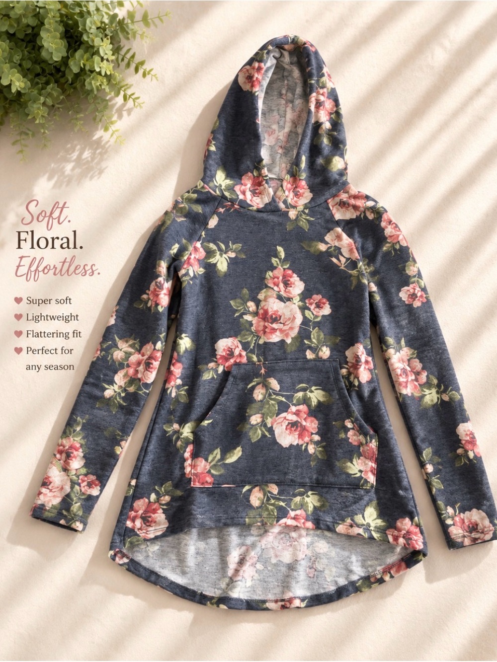 Floral Hooded Pullover Cowl Sweater - Navy with Pink Roses